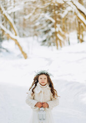 Fototapeta na wymiar A little girl walks in a snowy park.