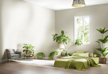 Modern sunny bedroom interior with plants