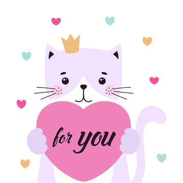 cartoon greeting card of cute cat with heart