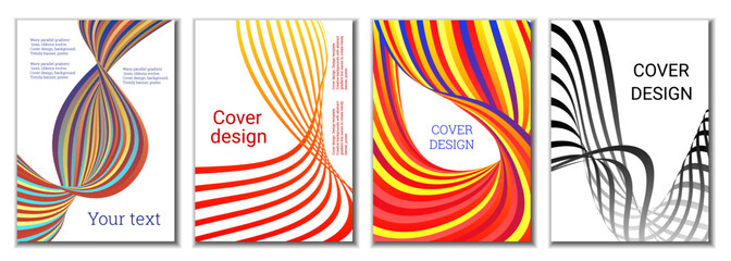 A set of 4 abstract covers. Wavy parallel gradient lines, ribbons evolve. Cover design, background. Trendy banner, poster.