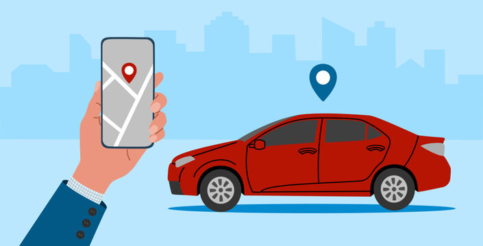 Car sharing or car rental service concept. Hand holds smartphone with route and point location on a city map and red modern car. Flat vector illustration isolated on blue background.