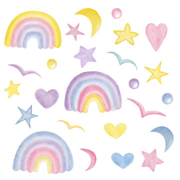 Watercolor illustration. Hand painted rainbows in purple, blue, pink, yellow colors. Moon, hearts, birds, stars in candy colors. Isolated clip art for prints, posters, banners
