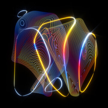 3d render abstract art with surreal plasma cube deformation process based on curve wavy parallel round glowing neon glowing laser lines on surface in rainbow gradient color on black background