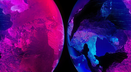 3d render of abstract art 3d background with part of surreal glass balls or spheres planets with rough rock surface inside with big crack in the middle with glowing neon purple and blue light inside 