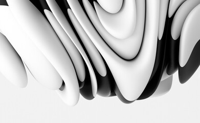 3d render abstract art  black and white monochrome 3d background with part of surreal ball sculpture in spherical organic curve wavy smooth and soft biological lines forms with matte glass black parts