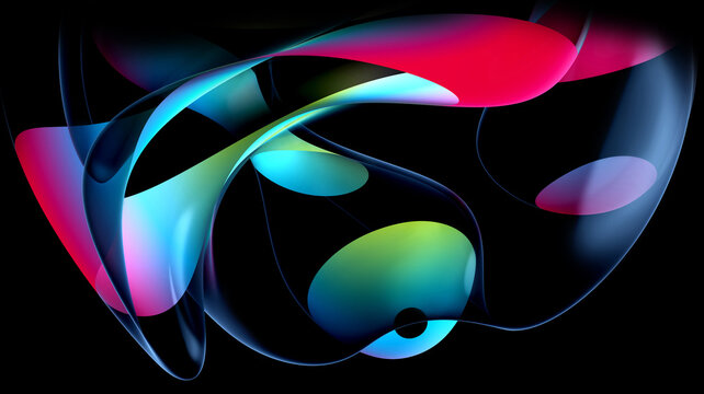 3d render of abstract art with part of surreal flower in curve wavy round and spherical lines forms in transparent plastic material with glowing blue neon color lines or stripes on black background