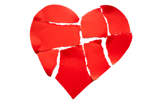 Broken heart breakup concept separation and divorce icon. Torn paper red heart into many small pieces isolated on transparent background png.