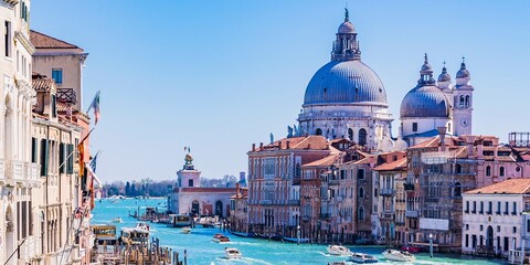 View from the Ponte dell'Accademia, Grand Canal and Santa Maria della Salute, Saint Mary of Health, commonly known simply as the Salute. Venice, Veneto, Italy, Europe