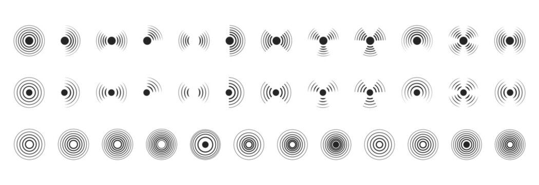 Set of vector radar icons with editable strokes. Symbol for internet connection, pulse, sonar and radio sound waves, scan, military protection, sonic frequency, radiation, or speaker noise