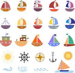 Isolated sailing boats and beach symbols