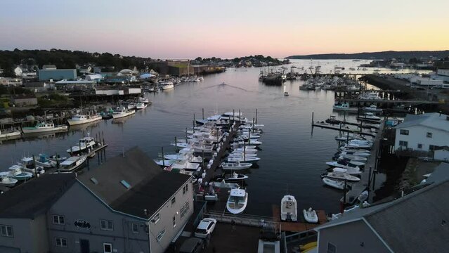New England seaport at sunset