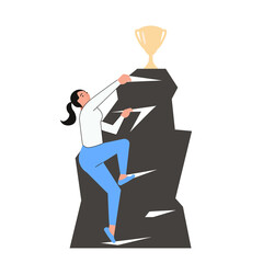 Business woman climbs to the top of the mountain for the prize.