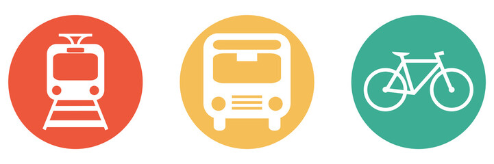 Bunter Banner mit 3 Buttons: Mobilität mit Bus, Bahn und Fahrrad