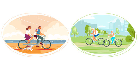 Set of different cyclist in various situations