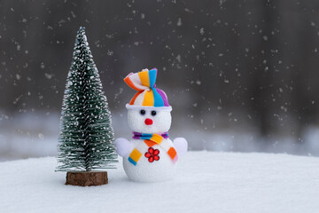 Greeting card with Christmas snowman and copy space.Happy snowman standing in christmas...