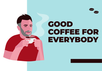 Landing web page template with Young man enjoy the smell and taste of coffee
