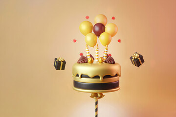 Gold cake  birthday, New year, and celebration with a balloon and flying gift box element 3d illustration