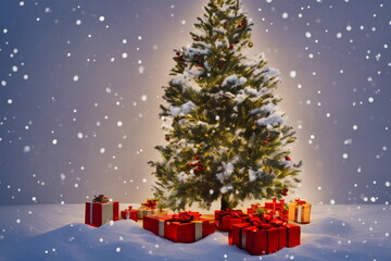 Obraz premium Realistic illustration of decorated fir tree under snow, using generative ai