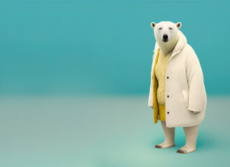 Abstract, creative, illustrated, minimal portrait of a wild animal dressed up as a man in retro coat clothes. A bear standing in a white suit. Generative AI.