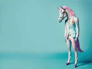 A white fairy tale unicorn with rainbow colored hair, wild animal dressed up as a man in retro elegant suit on a pastel blue background. Magical, elegant, abstract animal. Illustration, Generative AI. - obrazy, fototapety, plakaty