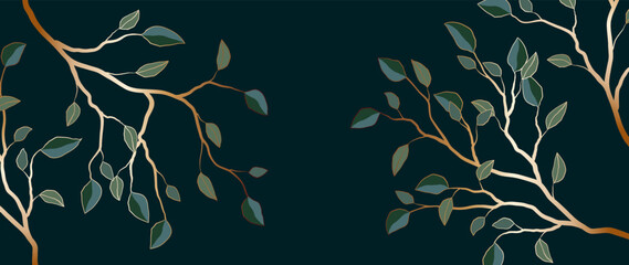 Botanical art vector. Elegant design of golden branches, green and blue leaves on a dark background. Art deco for print, decor, banner, fabric. © leafyori
