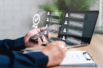 Customer Satisfaction Guarantee concept on virtual screens of car leasing and service,ฺ Businessman use smartphone check customer satisfaction survey and after-sales service, Customer comment