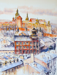 Winter view of Royal castle of the Polish kings on the Wawel hill,  in beautiful winter sunset light , Krakow, Poland. Watercolor painting. - 553776668