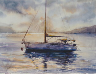 Seascape with sailing yacht at sunset watercolor drawing.
