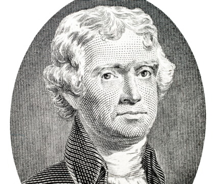 Closeup of Thomas Jefferson portrait on a two dollar bill, transparent PNG.