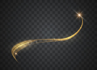 Golden glowing shiny lines effect. Glowing magic fire trace. Magic golden light effect with curve trail. Vector illustration.