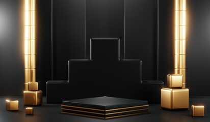 3D rendering of blank product background for cream cosmetics Modern black podium background