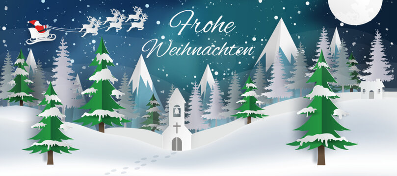 Karte oder Banner auf Frohe Weihnachten in Weiß auf blauem Hintergrund mit Nordlichtern, Schneeflocken, Schlitten des Weihnachtsmanns und einem schneebedeckten Hügel mit Tannen