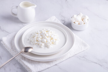 Obraz na płótnie Canvas Fresh cottage cheese grain in a white bowl and marshmallows. Curd in granules with cream. Copy space