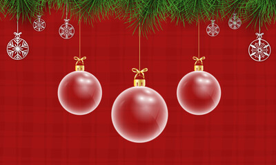Glass ball Christmas on red background. Merry Christmas and happy new year with a glass ball and snowflakes Christmas red background. Christmas and new year background holidays. Vector illustration