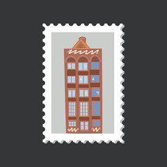 Amsterdam cozy and cute house postage stamp on a grey background.