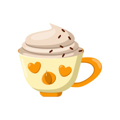 Cup of hot pumpkin latte cartoon illustration. Sweet fall and Halloween dessert drink isolated on white background. Food, beverage concept.