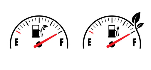Cartoon fuel gauge. Car flling station. Petrol pump or electric plug meter. Electrical cable with pump. Gas station, bio fuel pump station or biodiesel. Biofuel indicator. Scale, level with arrow.