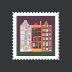 Amsterdam cozy and cute house postage stamp on a dark background.
