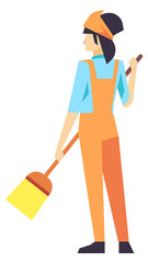 Woman with broomstick. Cleaning person in janitor uniform