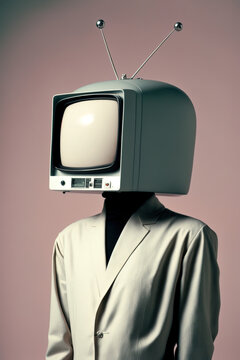 A retro, cyber portrait with an old-fashioned, vintage television instead of a face. Abstract modern styling, technological outfit. Illustration, Generative AI.