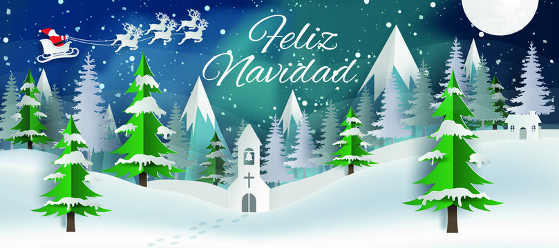 tarjeta o pancarta en Feliz Navidad en blanco sobre un fondo azul con luces del norte, copos de nieve, trineo de Papá Noel y una colina nevada con abetos