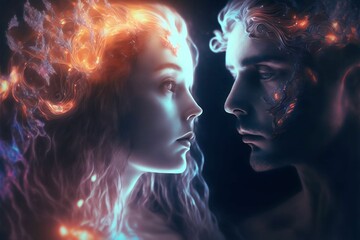 Soulmates embracing in the ethereal light of the divine. Generative AI, this image is not based on any original image, character or person.