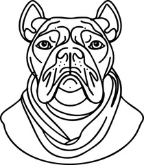 vector contour buldog head, logo purebred pet, white black dog portrait, companion and animal friendship, realistic simple face
