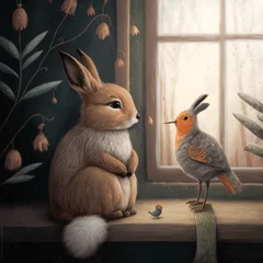 Foto op Canvas Cute animal illustration of a small rabbit and a bird having a little chat near the window. A gentle fairytale scene. Generative AI. © Uncanny Valley