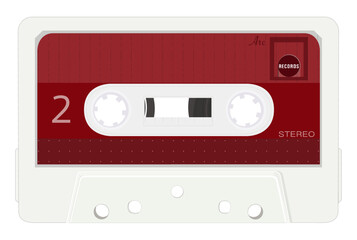 Vector drawing of music audio cassette for record player. Vintage analog tape cassette stylization. Stereo. 