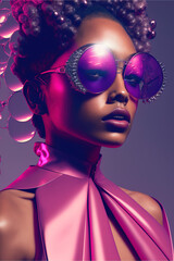 Fototapeta Portrait of a young beautiful fashionable girl with big sunglasses. Fashion elegant illustration with neon purple lights. Generative AI. obraz