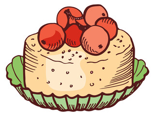 Red berry dessert. Cream pudding color doodle