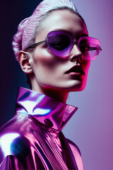 Portrait of a young beautiful fashionable girl with big sunglasses. Fashion elegant illustration with neon purple lights. Generative AI.