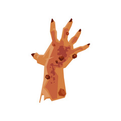 Creepy orange zombie hand vector illustration. Horror, walking dead, monsters for Halloween. Cartoon drawing of rotting arm isolated on white background. Halloween concept