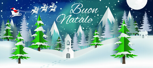 biglietto o banner su Buon Natale in bianco su sfondo blu con aurora boreale, fiocchi di neve La slitta di Babbo Natale e una collina innevata con abeti